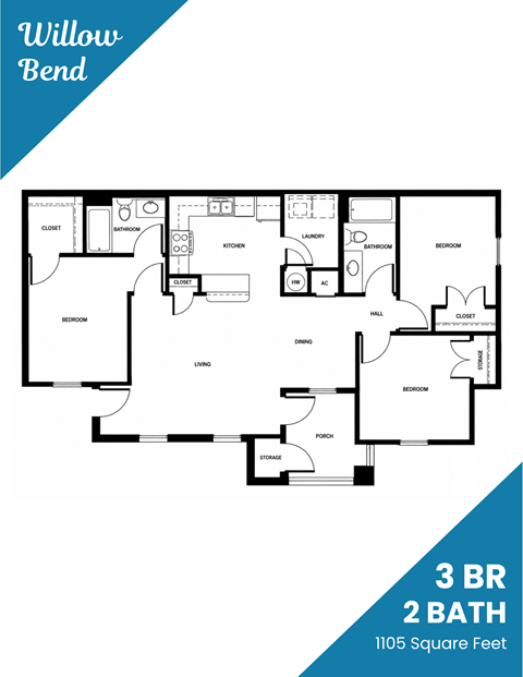 Floor plan for 3 beds, 2 baths, 1105 sqft